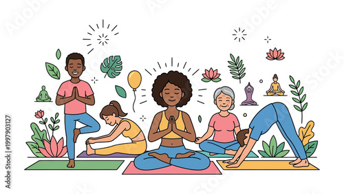 People practice yoga outdoors in a serene natural environment with plants and flowers.