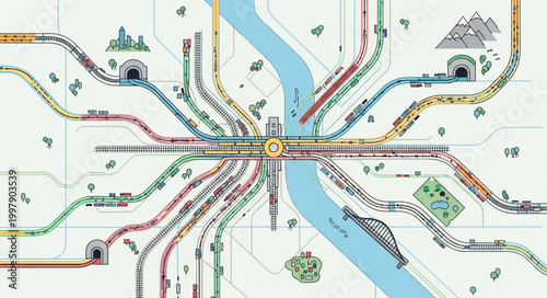 Complex Subway Map With River and Tunnels.