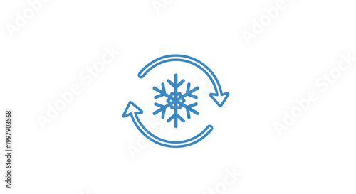 Blue snowflake icon with circular arrows on white background, minimalist design