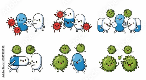 Cartoon Pills Fighting Viruses, Illustration, Medical Concept with Copy Space