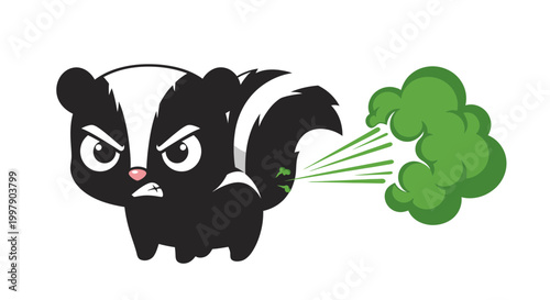 Cartoon Skunk Spraying Green Fumes, Funny Animal Illustration with Copy Space