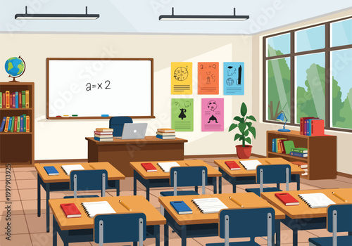 A cartoon-style illustration of an empty classroom