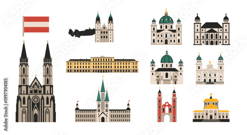 Collection of Austrian Landmarks and Flag, Flat Vector Illustration