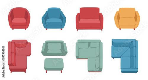 Collection of Modern Armchairs and Sofas, Top View, Furniture Design Elements