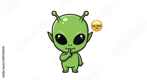 Cute alien character making hush gesture with finger and emoji, isolated on white background