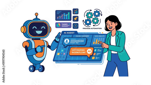 Robot and woman interact with AI assist on a futuristic interface screen together
