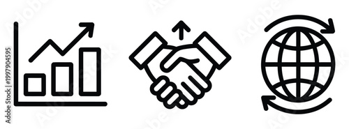 Business growth partnership global outline icons set business success line icon collection financial growth chart handshake and global expansion symbols, corporate strategy and market development