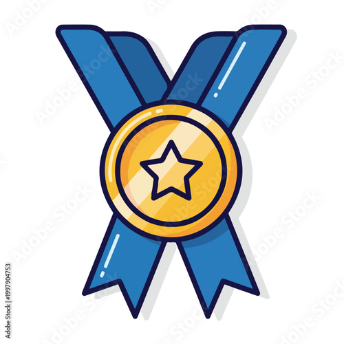 Quadro em tela A gold medal with blue ribbons and a star in the center