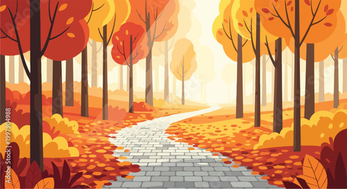 A serene autumnal scene with a winding cobblestone path