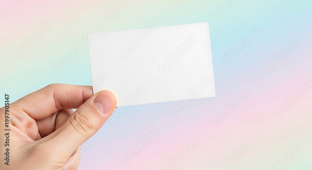 Fototapeta premium Hand Holding Blank White Business Card Mockup on Pastel Gradient Background
