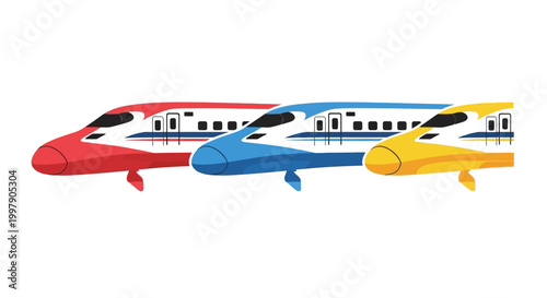 Quadro em tela Colorful High-Speed Trains in a Row: Red, Blue, Yellow