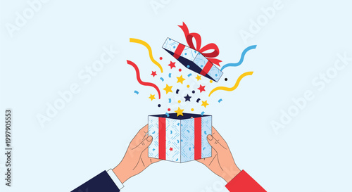 Two hands opening a blue and white patterned gift box with a red ribbon as colorful confetti and stars burst out in celebration.
