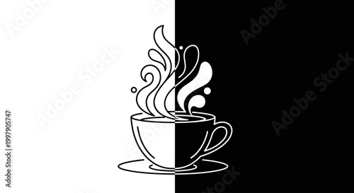 Dynamic monochrome illustration of a steaming coffee cup, perfectly bisected by a sharp black and white background, symbolizing duality, contrast, and invigorating energy