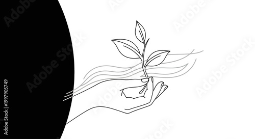 Nurturing Growth A Hand Gently Holding a Sprout with Gentle Breezes Symbolizing Care and Development