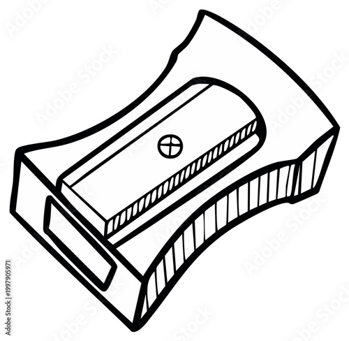 Simple hand drawn illustration of a manual pencil sharpener in black and white