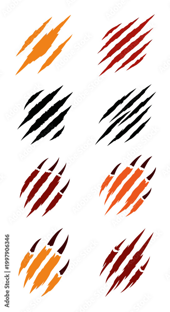 Fototapeta premium Set of Wild Animal Claw Marks, Scratches, and Rips in Orange, Red, and Black Colors