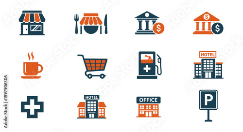 Set of Icons Representing Various Services and Businesses in a City