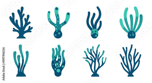 Set of stylized coral and seaweed illustrations in blue and teal tones