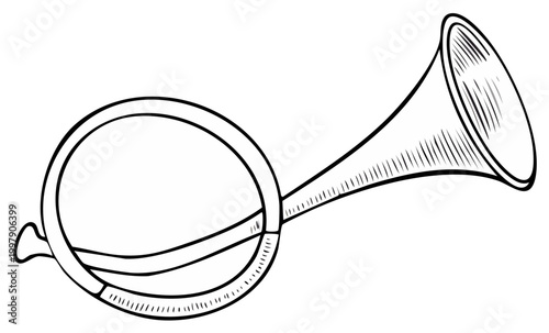 Single Hand Drawn Hunting Horn Illustration Antique Musical Instrument Black and White Design