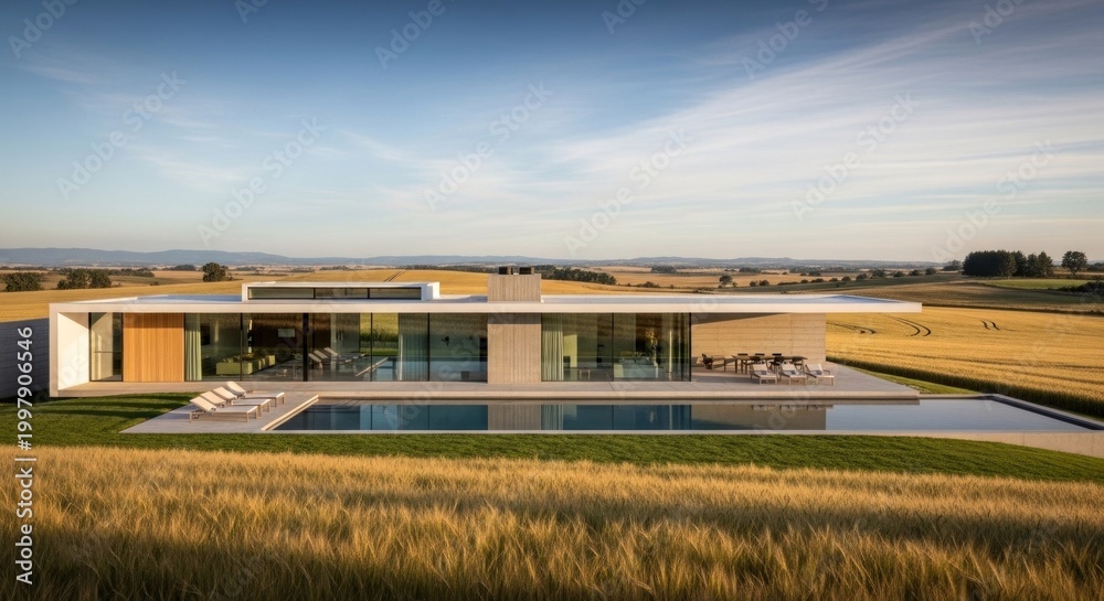 Obraz premium A modern, glass-fronted house with a pool and a view of a vast, open field.