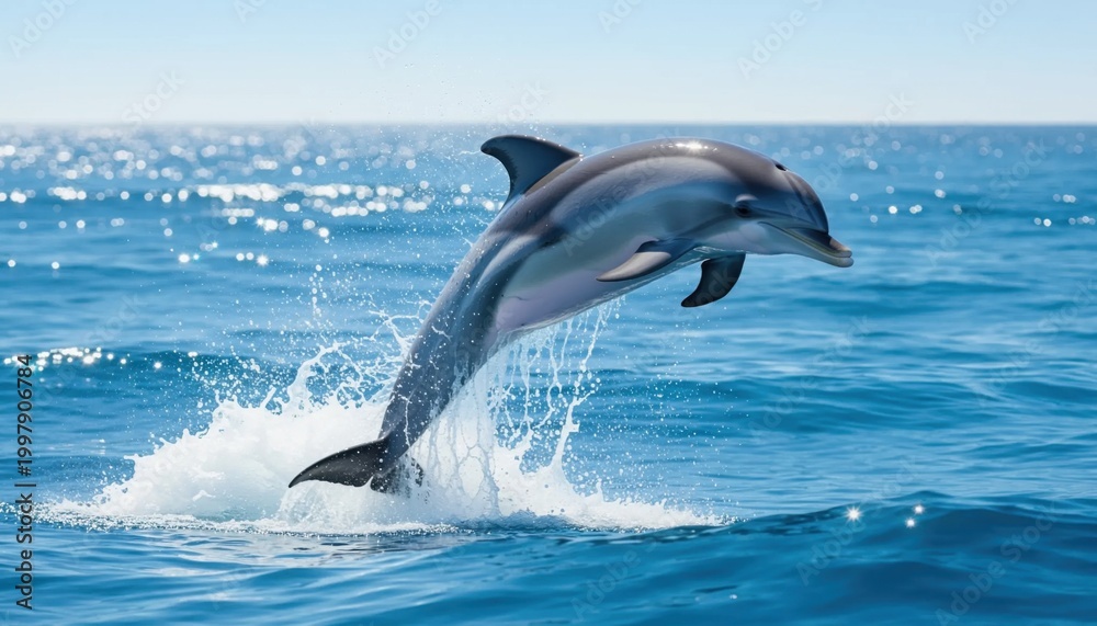 Fototapeta premium A sleek dolphin leaps exuberantly from the blue ocean waves, splashing water high into the air under a bright, sunny sky.
