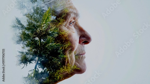 A conceptual double-exposure portrait of an elderly person with wise, kind eyes