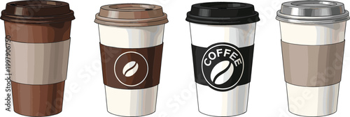 Set of takeaway coffee cups vector illustration featuring disposable paper cups with lids and branding for cafe beverages hot drinks and street coffee service