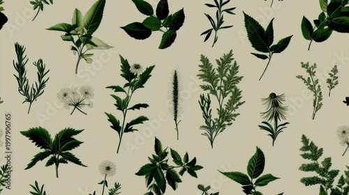 A minimalist, modern repeating pattern of stylized medicinal herb silhouettes
