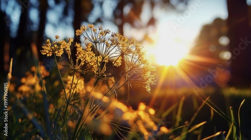 delicate fennel or dill flowers, their fine, feathery umbels creating a stunning lace-like silhouette against the bright