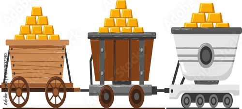 Gold Mine Cart Set with Wooden and Modern Carts Carrying Stacked Gold Bars for Mining, Transportation, and Industrial Designs