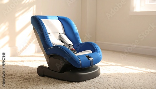 A blue and white child car seat with harness, symbolizing safety, protection, and ergonomic design.