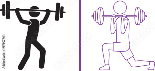 Stick figure lifting barbell and doing lunges with barbell, vector illustration