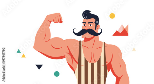 Vintage style illustration of a muscular strongman with a large mustache flexing his bicep surrounded by geometric shapes and mountains.