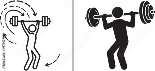 Weightlifting icon set, person lifting barbell, fitness and exercise symbols