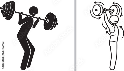 Weightlifting icon set, barbell exercise silhouette and outline with motion arrows