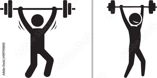 Weightlifter icon set, silhouette of person lifting barbell, fitness and strength concept