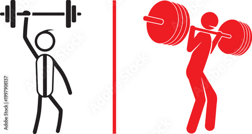 Two stick figures lifting weights, one with a barbell overhead, the other with a barbell on shoulders