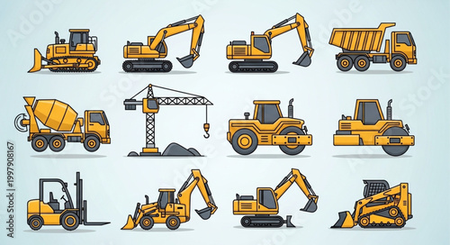Collection of construction vehicles and heavy machinery illustrations.