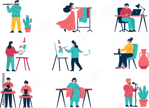 Flat Style People Doing Creative Hobbies Including Painting, Pottery, Sewing, Photography, and Woodworking for Lifestyle Designs