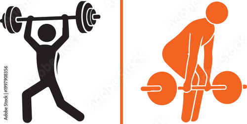 Weightlifting icons: person lifting barbell overhead and person deadlifting