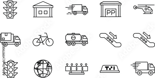 Set of Transportation and Delivery Outline Icons with Truck, Bicycle, Helicopter, Warehouse, Traffic Lights, Globe, Conveyor, and Logistics System Elements