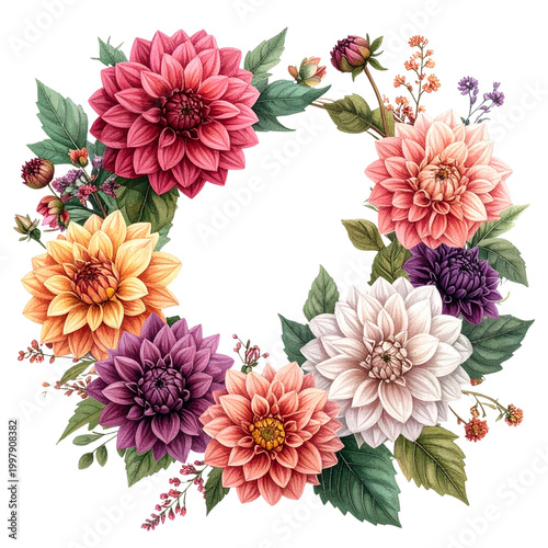 Vibrant Dahlia and Wildflower Wreath Frame with Mixed Colors