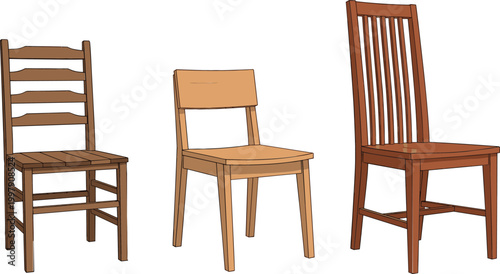 Set of wooden chairs vector illustration featuring different classic furniture styles with rustic and modern designs isolated for interior decor and home seating concepts