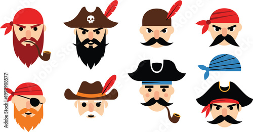 Set of Pirate Faces with Different Hats, Beards, Eye Patches, and Accessories in Vector Illustration for Pirate-Themed Designs