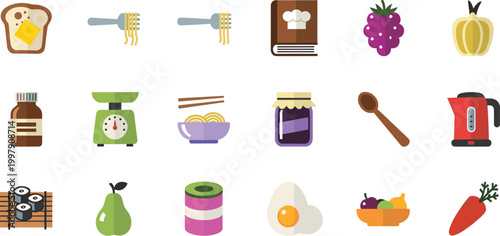 Set of Food and Cooking Icons with Bread, Pasta, Book, Fruits, Vegetables, Kettle, Jar, Eggs, and Kitchen Ingredients for Culinary Design Concepts