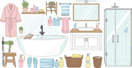 Vector Illustration of a Modern Bathroom with Bathtub, Shower, Towels, Bath Products, and Accessories for Home and Interior Design