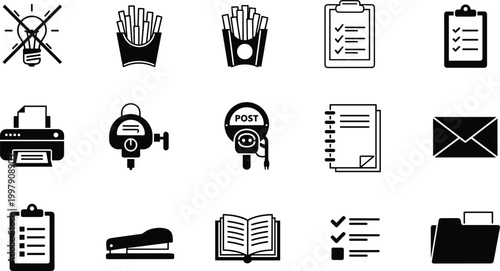 Set of Office and Business Icons with Clipboard, Printer, Notebook, Folder, Email, Checklist, Stapler, and Documents for Workplace Organization and Productivity Design