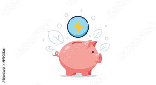 Cute pink piggy bank saving energy with a lightning bolt symbol representing electricity costs and sustainable power savings.