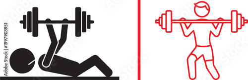 Fitness icons: person lifting barbell and person doing bench press on white background