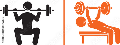 Fitness icons: man lifting barbell in squat and lying on bench press